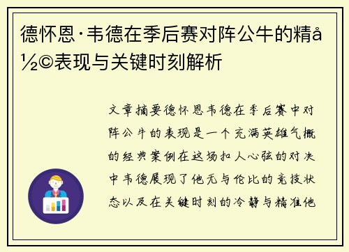 德怀恩·韦德在季后赛对阵公牛的精彩表现与关键时刻解析