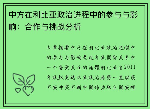 中方在利比亚政治进程中的参与与影响：合作与挑战分析